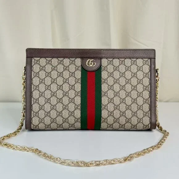 Gucci GG Logo Supreme Large Ophidia Shoulder Bag with Red & Green Stripes - Picture 1 of 9